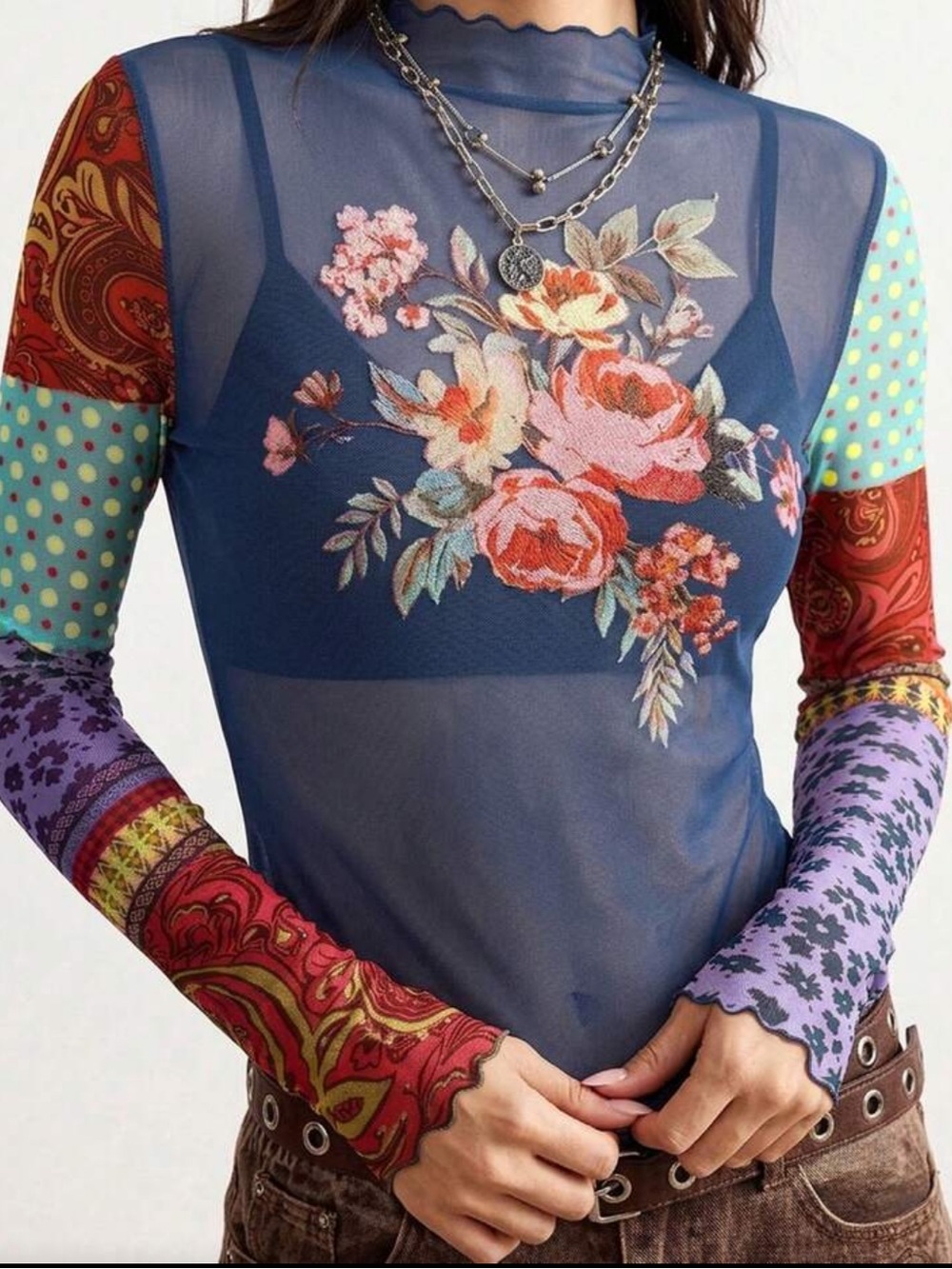 Navy Blue Floral Mesh Long-Sleeve Women's Top - Picture 3 of 6